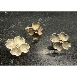 Vintage NYE Sterling Dogwood Ring & Earrings Set Adjustable Brattleboro VT